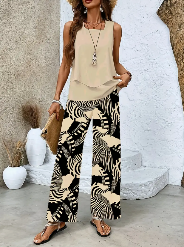 Lilia - Conjunto Dos Piezas Beige y Negro Abstracto